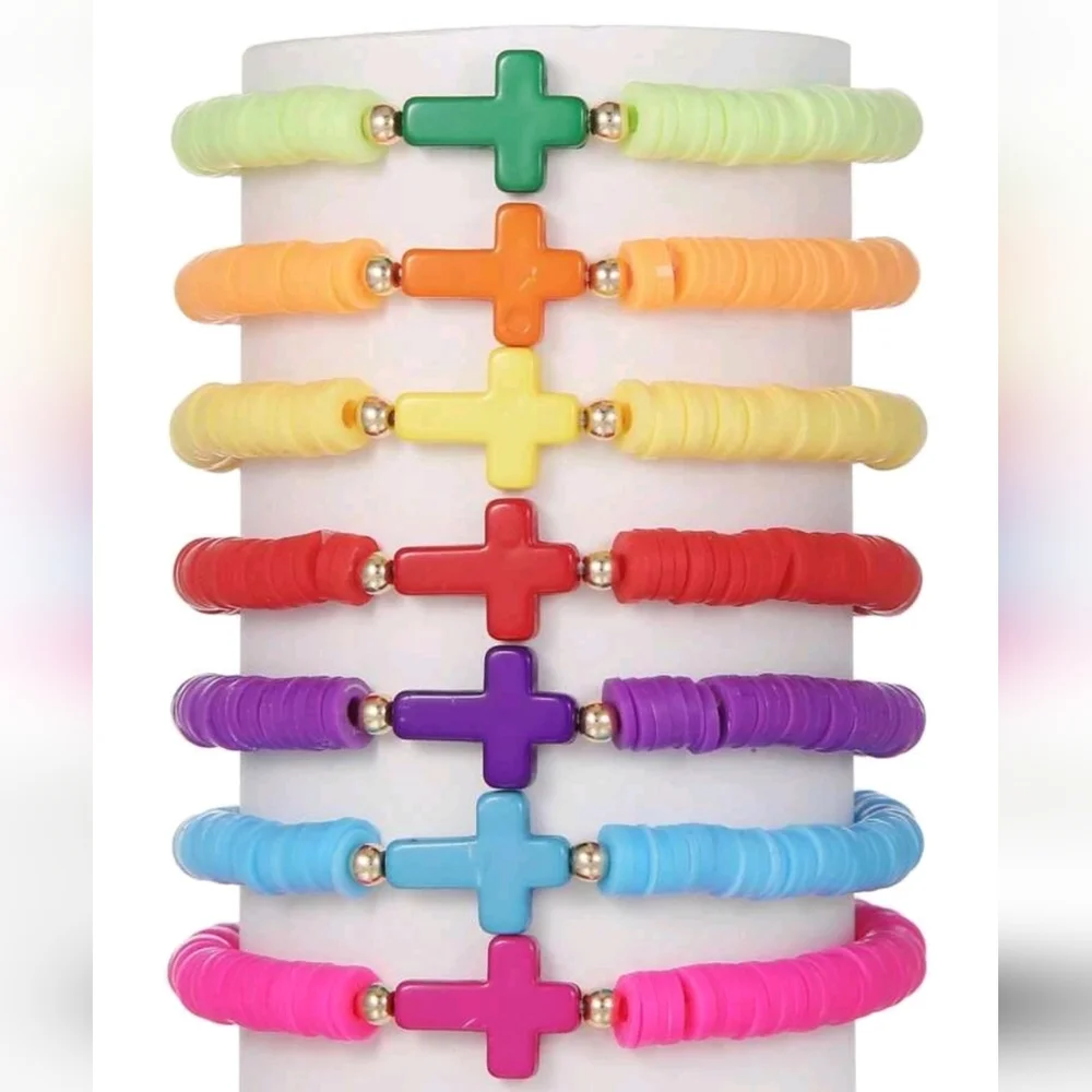 Kids Stackable Clay Beaded Bracelet with Cross-3 Pcs Set